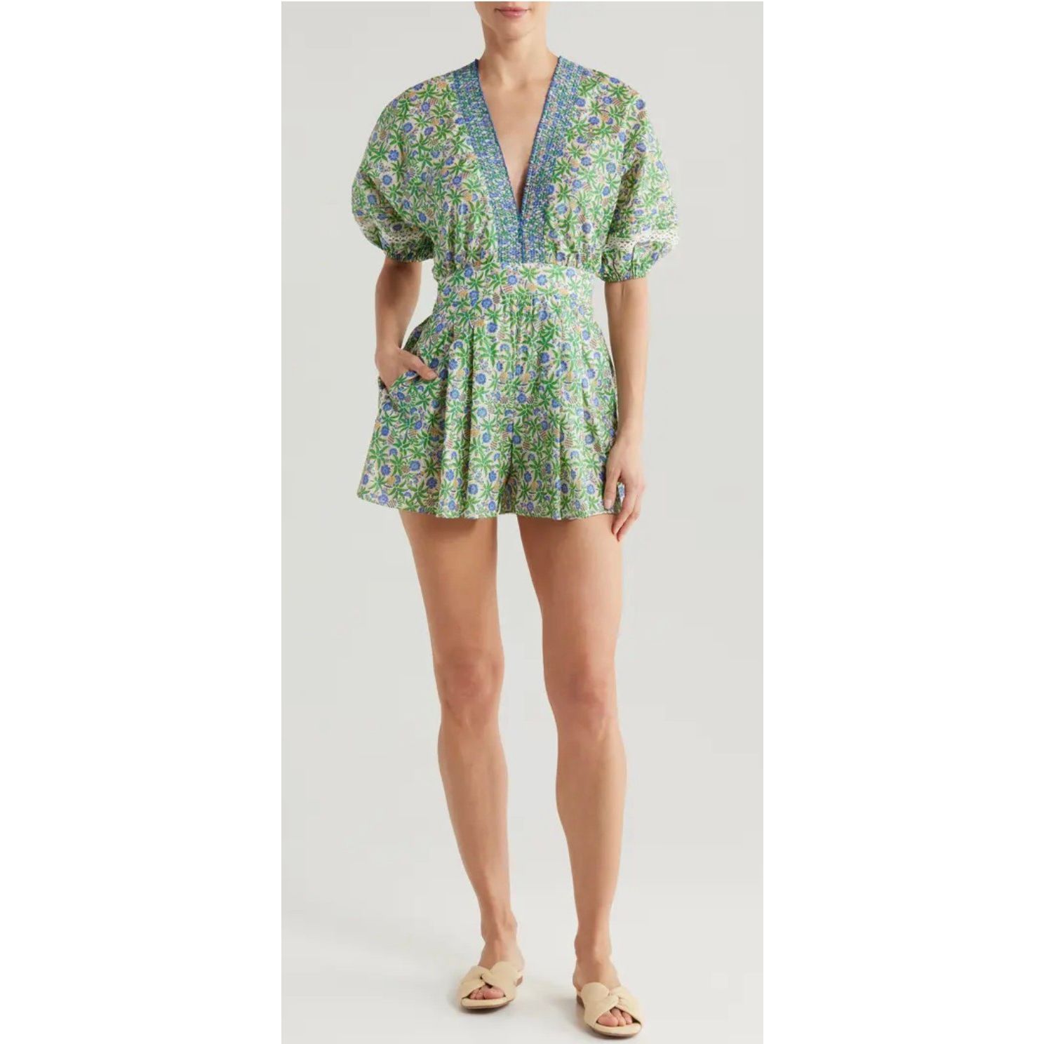 Poupette St Barth Chantal Puff Sleeve Cover-Up Jumpsuit In Blue Honolulu Size Sm